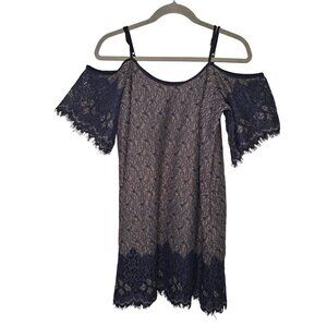 Buttons Off Shoulder Blue Lace Overlay Mini Dress Lined Size Small